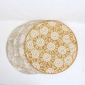 4 Piece Set 13 inch Decorative Beaded Gold & Ivory Dinner Party Placemats Round